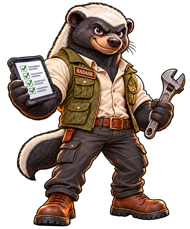 A badger in a work vest, cargo pants and boots, holding a checklist tablet and a wrench, wearing a BADASK name tag.