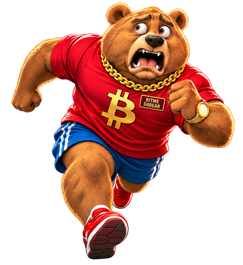 A wide-eyed bear in a red Bitcoin T-shirt, blue shorts, gold chain and red sneakers, running in alarm, wearing a BITME DABEAR name tag.