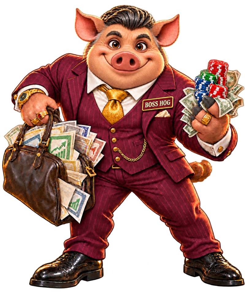 A hog in a maroon pinstripe suit and gold tie, carrying a bag stuffed with stock certificates and a fistful of casino chips and cash, wearing a BOSS HOG name tag.
