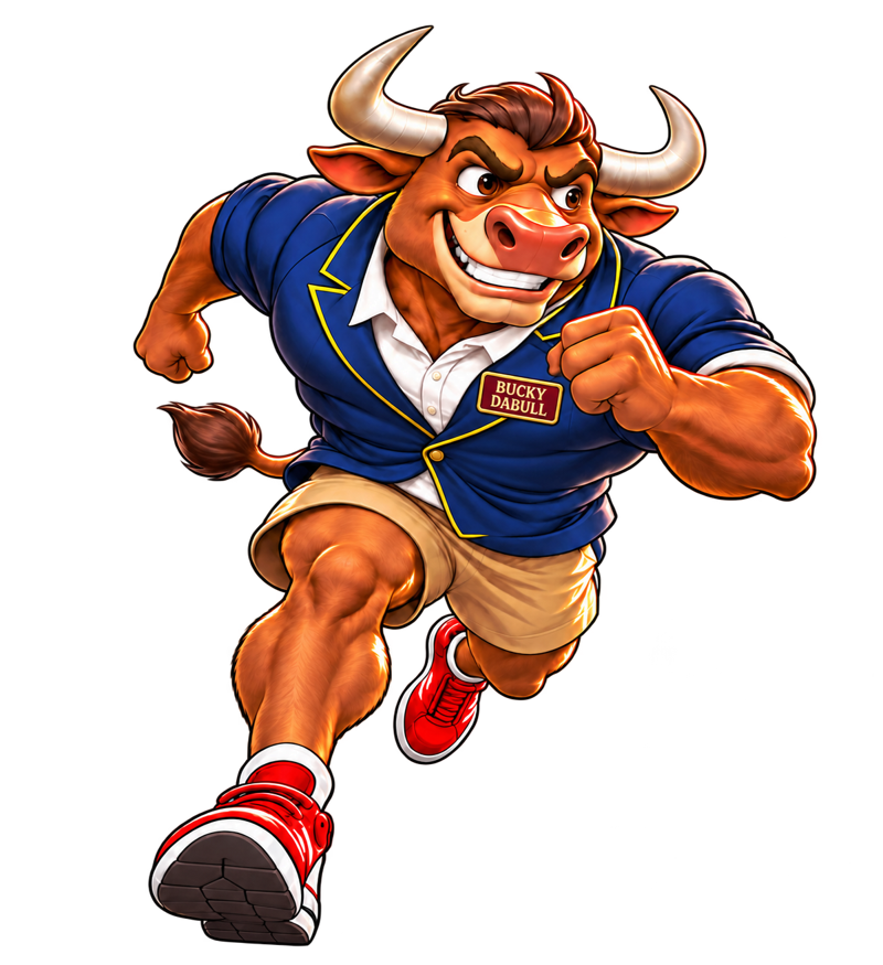 A muscular bull in a navy blazer, khaki shorts and red sneakers, sprinting with a grin, wearing a BUCKY DABULL name tag.
