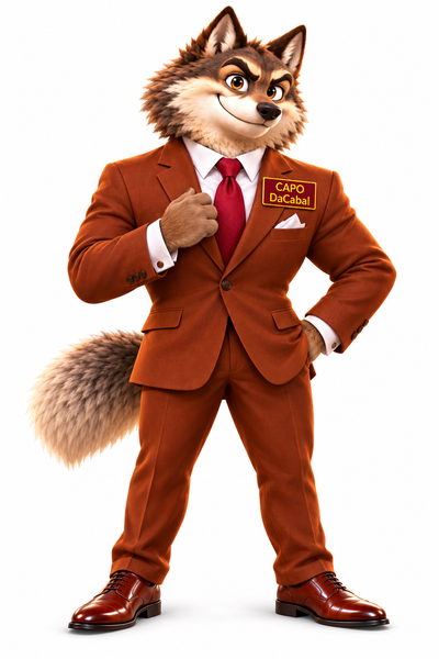 A red-brown wolf in a rust-colored suit and red tie, one paw on his lapel and one on his hip, wearing a CAPO DaCabal name tag.