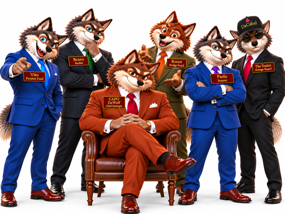 Six suited wolves on white. Capo DaWolf sits in a leather chair. Standing around him: Vito, Pension Fund; Bruno, Banker; Rocco, Hedge Fund; Paolo, Insurer; and a wolf in a DaCabal cap and sunglasses whose name tag reads The Traitor, Foreign Buyer?