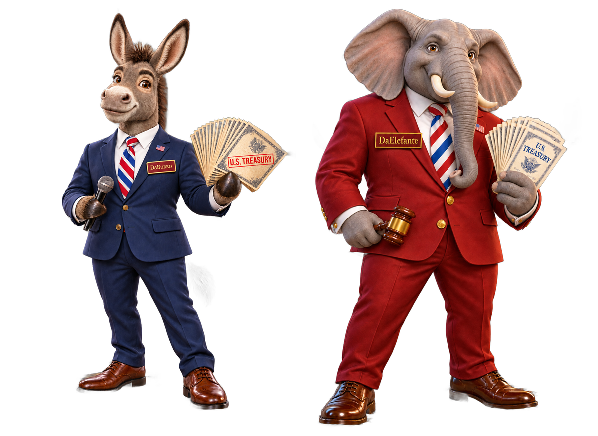 A donkey in a navy suit holding a microphone and an elephant in a red suit holding a gavel, standing side by side on white, each fanning a stack of U.S. Treasury notes.