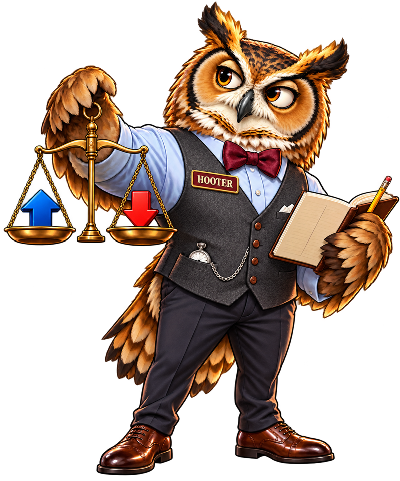 An owl in a bow tie and vest holding a balance scale with an up arrow and a down arrow, and a notebook and pencil, wearing a HOOTER name tag.