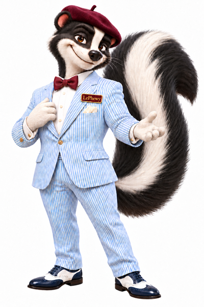 A smiling skunk in a red beret, a light blue seersucker suit and a red bow tie, one paw on his lapel and the other held out, wearing a LePhewy name tag.